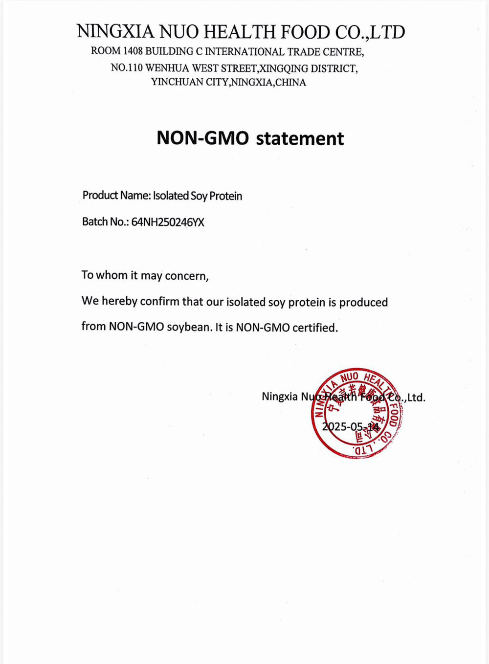 Certificado Non-GMO da Proteína Isolada de Soja